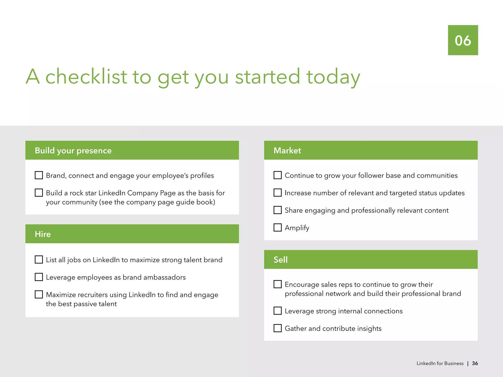 List all jobs on LinkedIn to maximize strong talent brand
	 Leverage employees as brand ambassadors
	 Maximize recruiters using LinkedIn to find and engage
the best passive talent
Hire
06
A checklist to get you started today
	 Brand, connect and engage your employee’s profiles
	 Build a rock star LinkedIn Company Page as the basis for
your community (see the company page guide book)
Build your presence
	 Continue to grow your follower base and communities
	 Increase number of relevant and targeted status updates
	 Share engaging and professionally relevant content
	 Amplify
Market
	 Encourage sales reps to continue to grow their
professional network and build their professional brand
	 Leverage strong internal connections
	 Gather and contribute insights
Sell
LinkedIn for Business | 36
 
