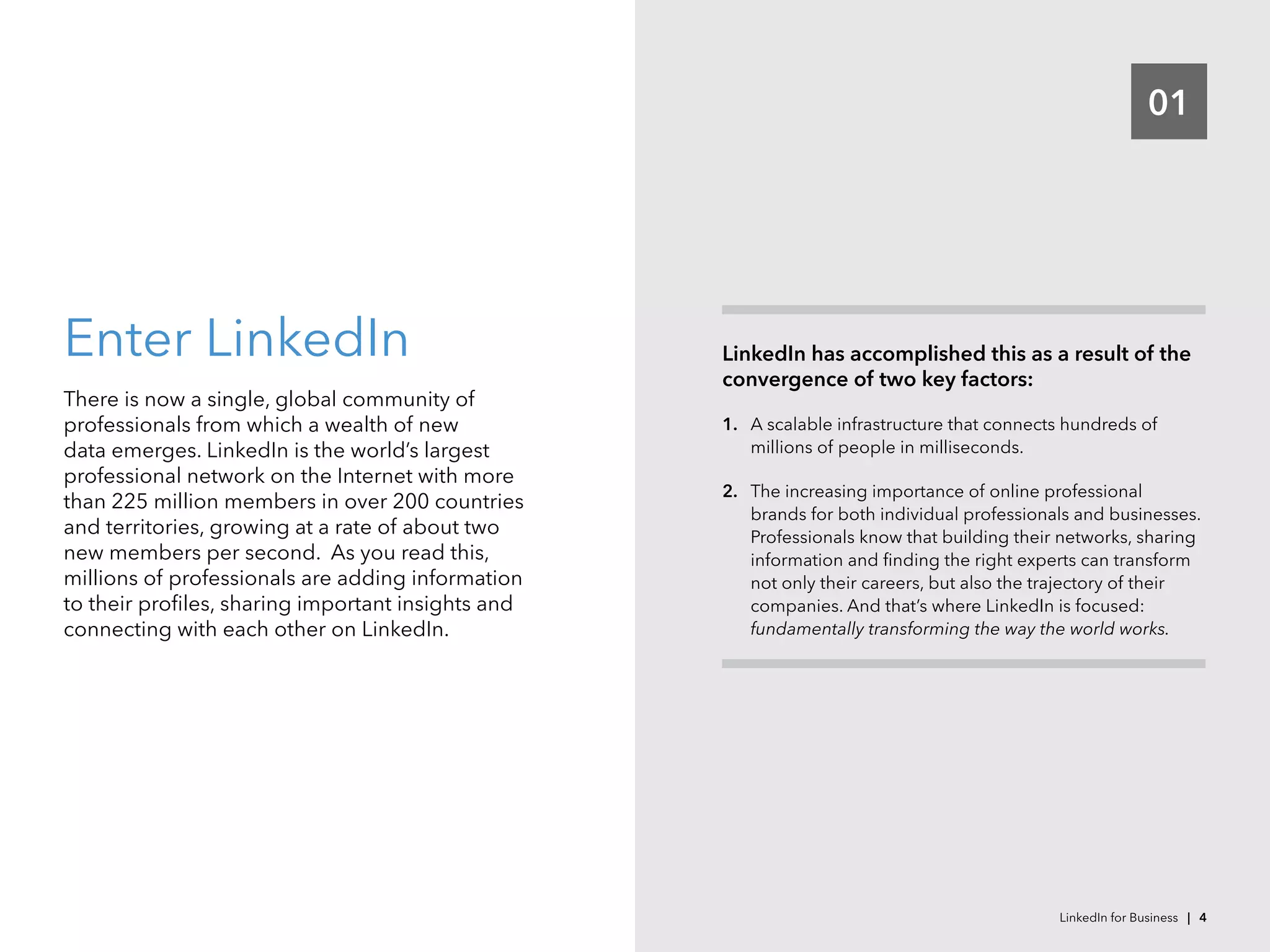 01
Enter LinkedIn
There is now a single, global community of
professionals from which a wealth of new
data emerges. LinkedIn is the world’s largest
professional network on the Internet with more
than 225 million members in over 200 countries
and territories, growing at a rate of about two
new members per second. As you read this,
millions of professionals are adding information
to their profiles, sharing important insights and
connecting with each other on LinkedIn.
LinkedIn has accomplished this as a result of the
convergence of two key factors:
1.	 A scalable infrastructure that connects hundreds of
millions of people in milliseconds.
2.	 The increasing importance of online professional
brands for both individual professionals and businesses.
Professionals know that building their networks, sharing
information and finding the right experts can transform
not only their careers, but also the trajectory of their
companies. And that’s where LinkedIn is focused:
fundamentally transforming the way the world works.
LinkedIn for Business | 4
 