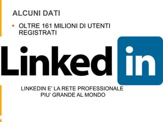 ALCUNI DATI
§  OLTRE 161 MILIONI DI UTENTI
    REGISTRATI
§  Più DI 2 MILIONI DI COMPANY PAGES
§  2 NUOVI MEMBRI AL SECONDO




  LINKEDIN E’ LA RETE PROFESSIONALE
        PIU’ GRANDE AL MONDO
 