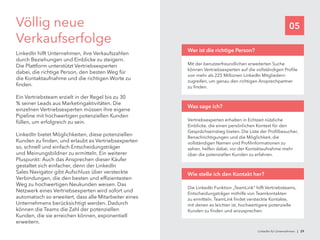 05Völlig neue
Verkaufserfolge
LinkedIn hilft Unternehmen, ihre Verkaufszahlen
durch Beziehungen und Einblicke zu steigern.
Die Plattform unterstützt Vertriebsexperten
dabei, die richtige Person, den besten Weg für
die Kontaktaufnahme und die richtigen Worte zu
finden.
Ein Vertriebsteam erzielt in der Regel bis zu 30
% seiner Leads aus Marketingaktivitäten. Die
einzelnen Vertriebsexperten müssen ihre eigene
Pipeline mit hochwertigen potenziellen Kunden
füllen, um erfolgreich zu sein.
LinkedIn bietet Möglichkeiten, diese potenziellen
Kunden zu finden, und erlaubt es Vertriebsexperten
so, schnell und einfach Entscheidungsträger
und Meinungsbildner zu ermitteln. Ein weiterer
Pluspunkt: Auch das Ansprechen dieser Käufer
gestaltet sich einfacher, denn der LinkedIn
Sales Navigator gibt Aufschluss über versteckte
Verbindungen, die den besten und effizientesten
Weg zu hochwertigen Neukunden weisen. Das
Netzwerk eines Vertriebsexperten wird sofort und
automatisch so erweitert, dass alle Mitarbeiter eines
Unternehmens berücksichtigt werden. Dadurch
können die Teams die Zahl der potenziellen
Kunden, die sie erreichen können, exponentiell
erweitern.
Vertriebsexperten erhalten in Echtzeit nützliche
Einblicke, die einen persönlichen Kontext für den
Gesprächseinstieg bieten. Die Liste der Profilbesucher,
Benachrichtigungen und die Möglichkeit, die
vollständigen Namen und Profilinformationen zu
sehen, helfen dabei, vor der Kontaktaufnahme mehr
über die potenziellen Kunden zu erfahren.
Was sage ich?
Die LinkedIn Funktion „TeamLink“ hilft Vertriebsteams,
Entscheidungsträger mithilfe von Teamkontakten
zu ermitteln. TeamLink findet versteckte Kontakte,
mit denen es leichter ist, hochwertigere potenzielle
Kunden zu finden und anzusprechen.
Wie stelle ich den Kontakt her?
Mit der benutzerfreundlichen erweiterten Suche
können Vertriebsexperten auf die vollständigen Profile
von mehr als 225 Millionen LinkedIn Mitgliedern
zugreifen, um genau den richtigen Ansprechpartner
zu finden.
Wer ist die richtige Person?
LinkedIn für Unternehmen | 29
 