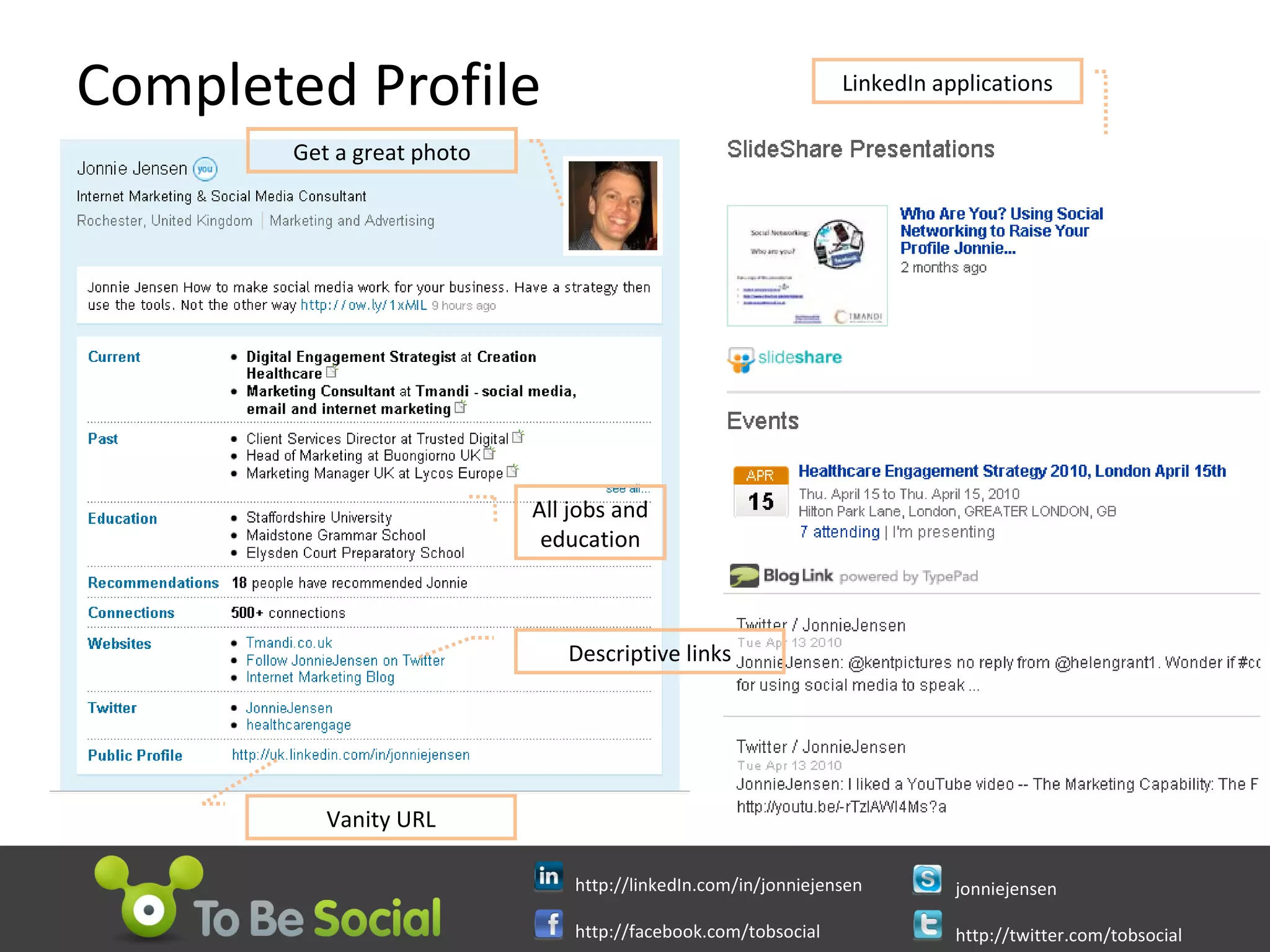 Completed Profile Get a great photo All jobs and education Descriptive links Vanity URL LinkedIn applications 