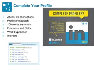Complete Your Profile
1.
2.
3.
4.
5.
6.

Atleast 50 connections
Profile photograph
100 words summary
Education and Skills
...