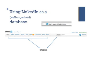 +
    Using LinkedIn as a
    (well-organized)
    database




                       intuitive
 