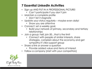 7 Essential LinkedIn Activities
• Sign up AND PUT IN A PROFESSIONAL PICTURE!
• Can’t participate if you don’t join
• Maintain a complete profile
• Don’t let it stagnate
• Update your status regularly – maybe even daily!
• Show you are attentive
• Connect: set a weekly goal.
• Build your network of primary, secondary and tertiary
relationships
• Join a group; hell, join 50…that is the limit
• Connect with people of similar interests, share
strategies, complain about the economy and get
sympathy-it’s like support group
• Share a link or answer a question
• Provide added value and items of interest
• Follow a company [start with your competitors]
 