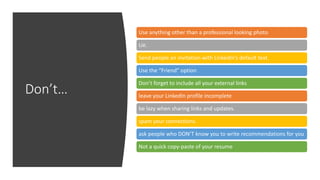 Don’t…
Use anything other than a professional looking photo
Lie.
Send people an invitation with LinkedIn’s default text.
Use the “Friend” option
Don’t forget to include all your external links
leave your LinkedIn profile incomplete
be lazy when sharing links and updates.
spam your connections.
ask people who DON’T know you to write recommendations for you
Not a quick copy-paste of your resume
 