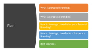 Plan
What is personal branding?
What is corporate branding?
How to leverage LinkedIn for your Personal
Branding?
How to leverage LinkedIn for a Corporate
Branding?
Best practices
 