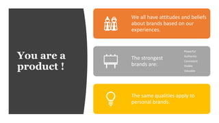 You are a
product !
We all have attitudes and beliefs
about brands based on our
experiences.
The strongest
brands are:
Powerful
Authentic
Consistent
Visible
Valuable
The same qualities apply to
personal brands.
 