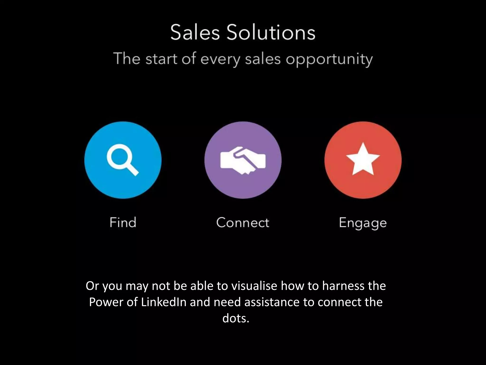 Or you may not be able to visualise how to harness the 
Power of LinkedIn and need assistance to connect the 
dots. 
 