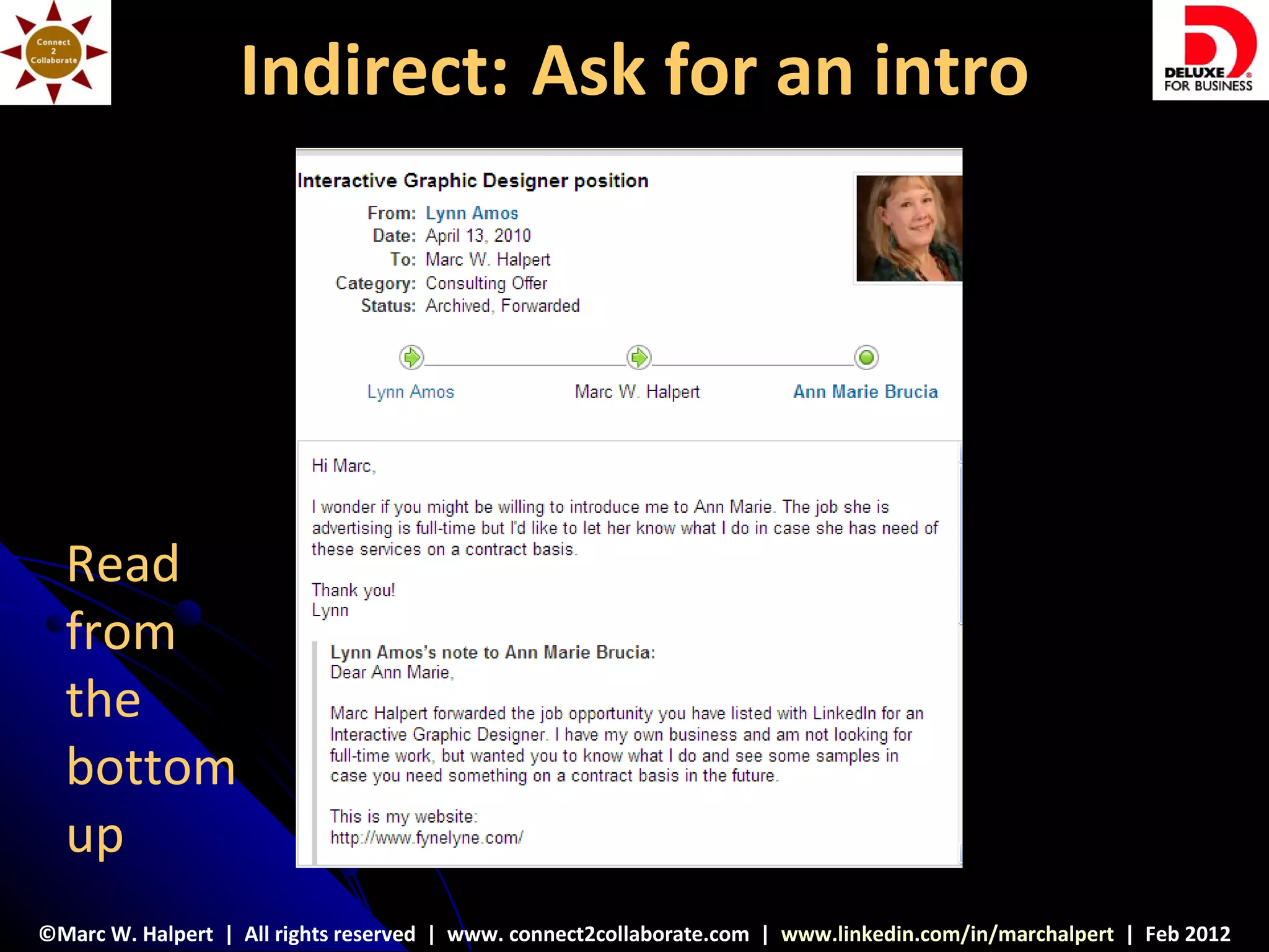 Indirect: Ask for an intro




  Read
  from
  the
  bottom
  up
©Marc W. Halpert | All rights reserved | www. connect2collaborate.com | www.linkedin.com/in/marchalpert | Feb 2012
 