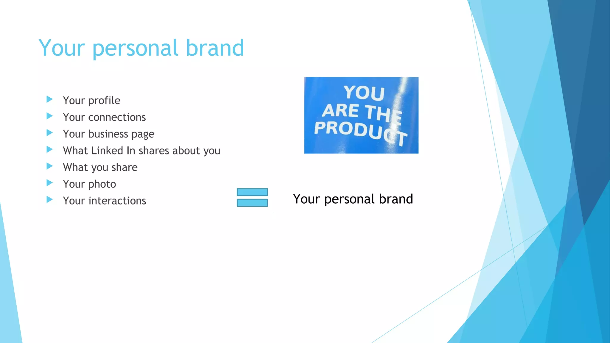 Your personal brand


Your profile



Your connections



Your business page



What Linked In shares about you



What you share



Your photo



Your interactions

Your personal brand

 