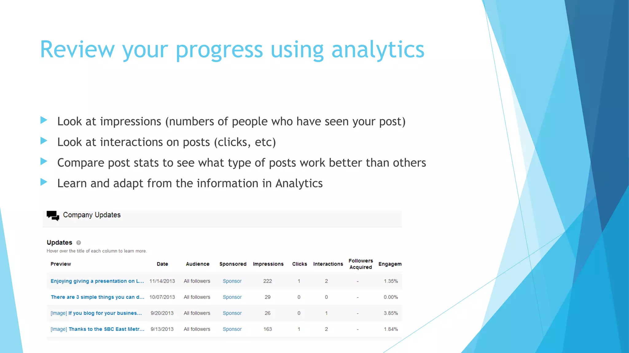Review your progress using analytics


Look at impressions (numbers of people who have seen your post)



Look at interactions on posts (clicks, etc)



Compare post stats to see what type of posts work better than others



Learn and adapt from the information in Analytics

 