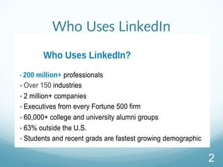 Who Uses LinkedIn
Who Uses LinkedIn?
? 200 million+ professionals
? Over 150 industries
? 2 million+ companies
? Executives from every Fortune 500 firm
? 60,000+ college and university alumni groups
? 63% outside the U.S.
? Students and recent grads are fastest growing demographic
2
 