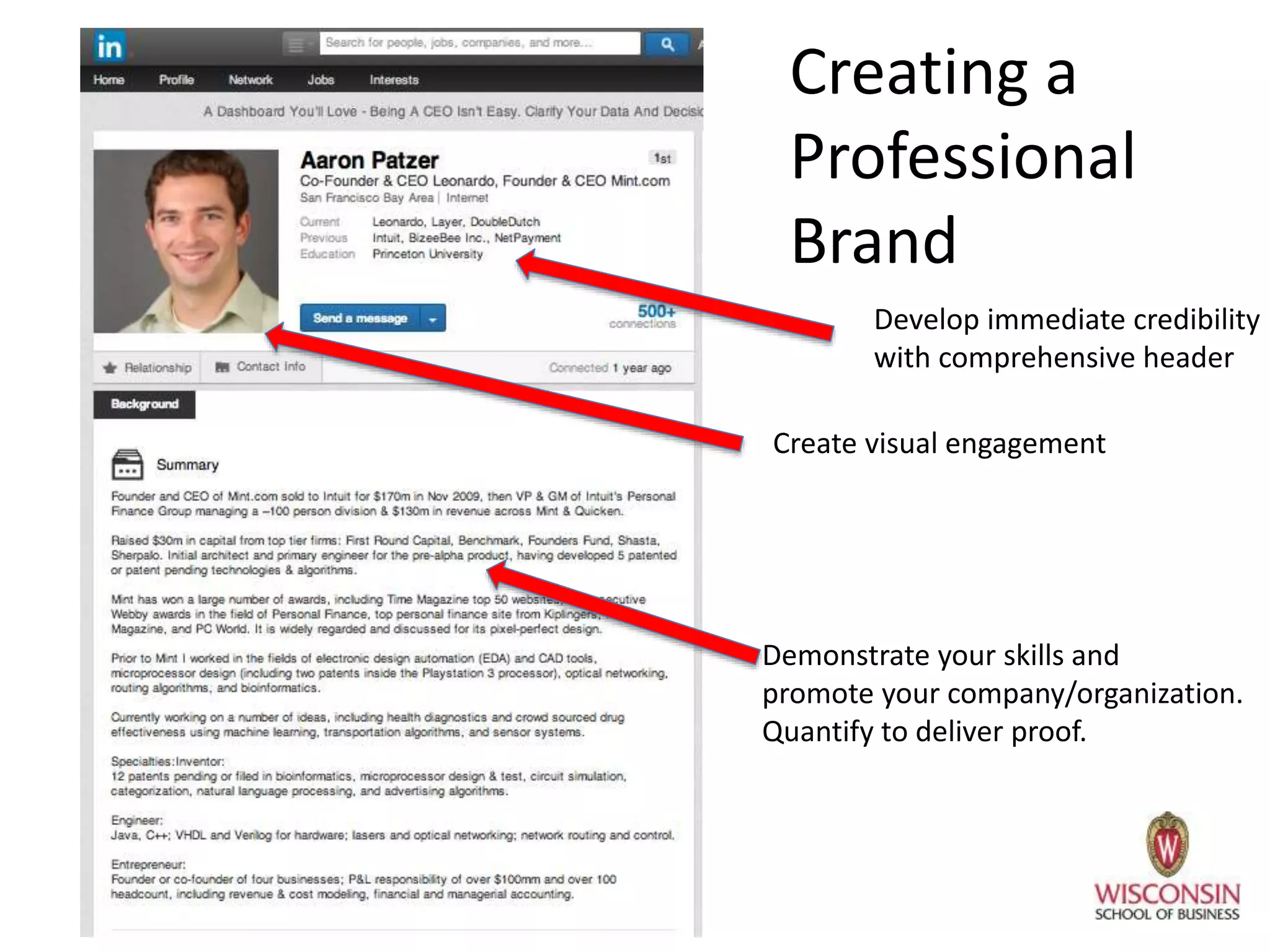 Creating a
Professional
Brand
Create visual engagement
Develop immediate credibility
with comprehensive header
Demonstrate your skills and
promote your company/organization.
Quantify to deliver proof.
 
