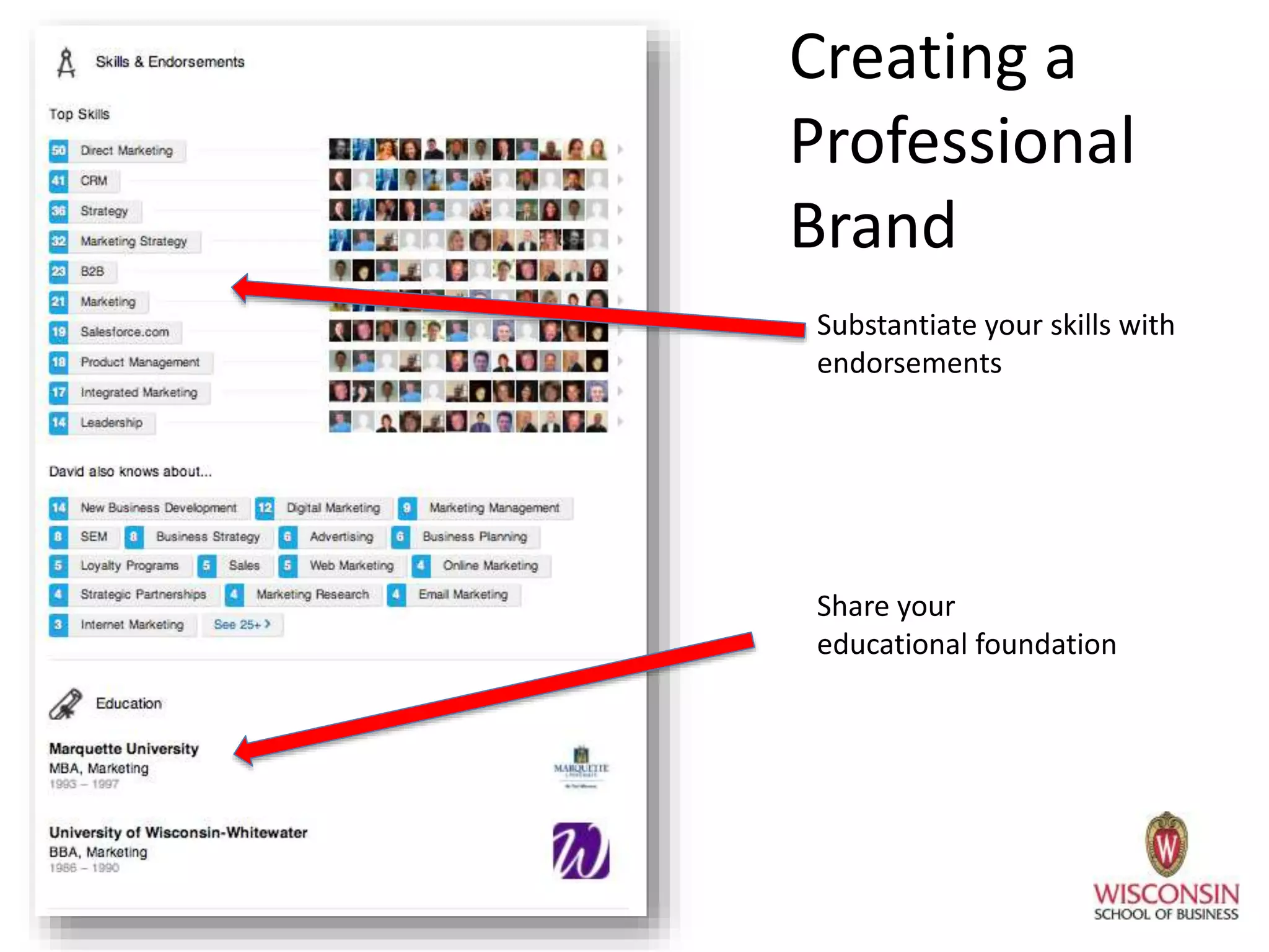 Creating a
Professional
Brand
Share your
educational foundation
Substantiate your skills with
endorsements
 