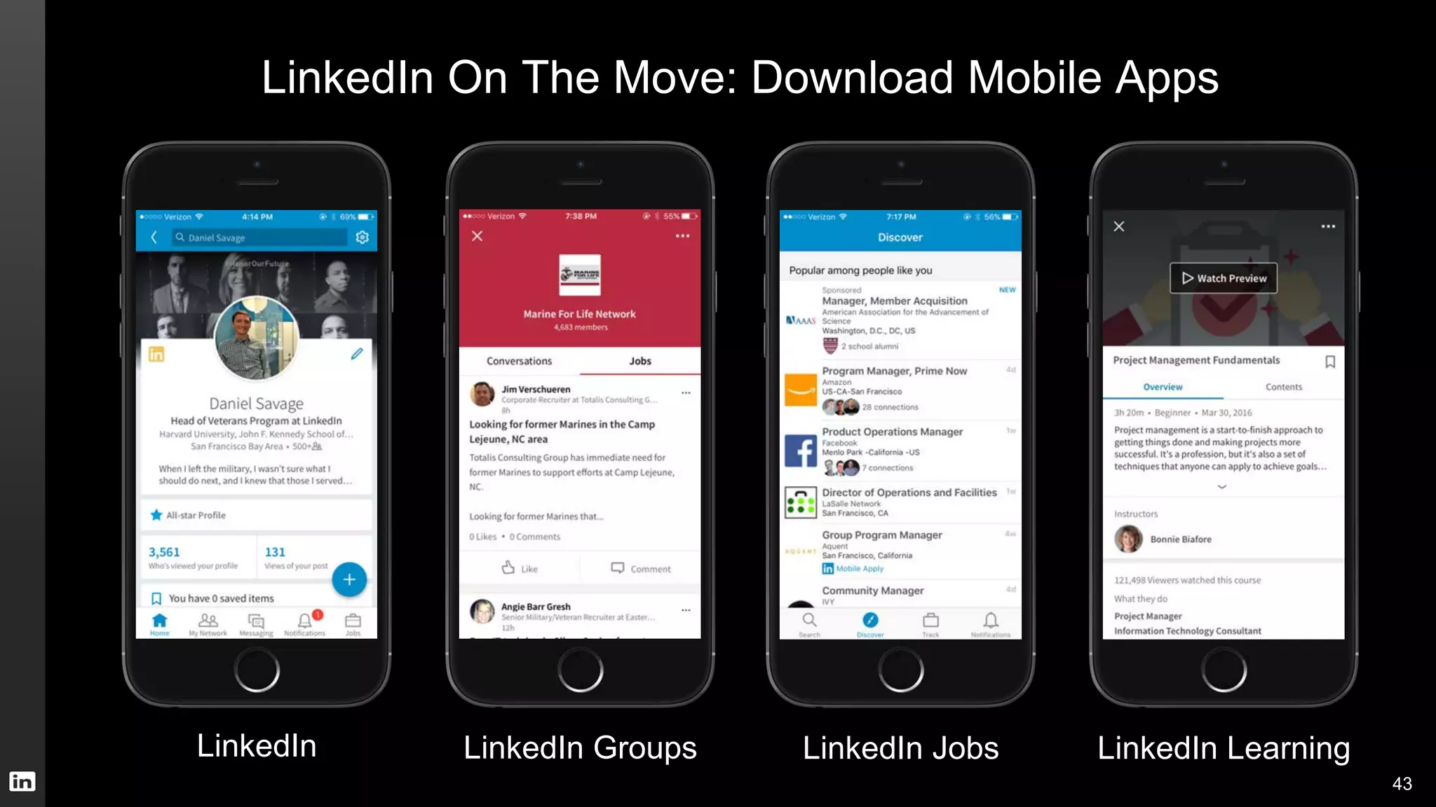 LinkedIn On The Move: Download Mobile Apps
43
LinkedIn GroupsLinkedIn LinkedIn Jobs LinkedIn Learning
 