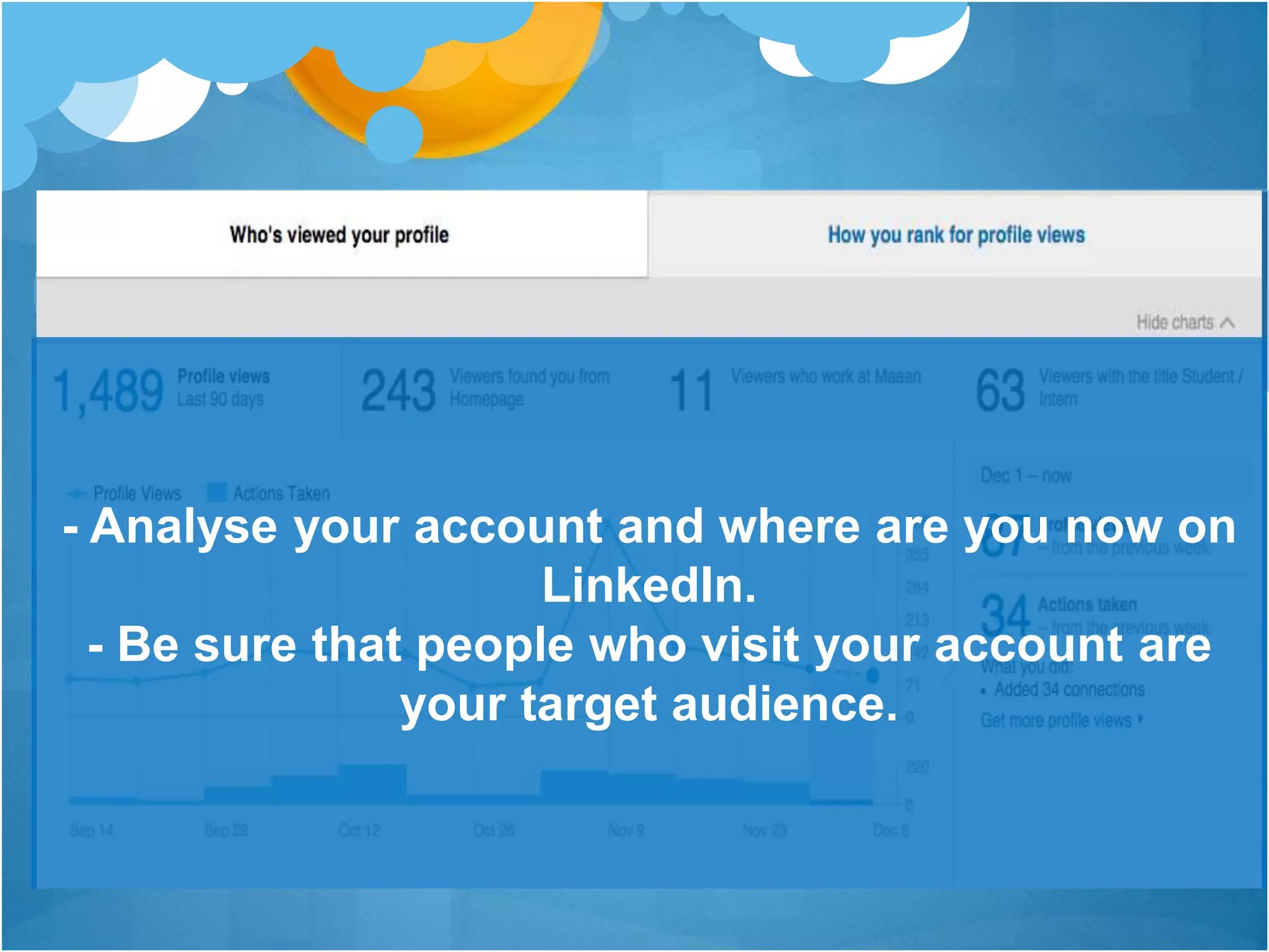 - Analyse your account and where are you now on
LinkedIn.
- Be sure that people who visit your account are
your target audience.
 