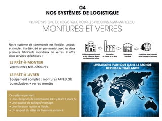 Notre système de commande est flexible, unique,
et simple : il a été créé en partenariat avec les deux
premiers fabricants mondiaux de verres. Il offre
deux services spécifiques :
LE PRÊT-À-MONTER
verres livrés télé-détourés
LE PRÊT-À-LIVRER
Équipement complet : montures AFFLELOU
ou exclusives + verres montés
Ce système permet :
• Une réception de commande 24 H /24 et 7 jours /7.
• Une qualité de taillage/montage.
• Une livraison rapide et fiable.
• Un respect du délai de livraison annoncé.
 