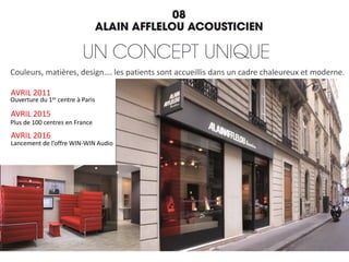 Couleurs, matières, design…. les patients sont accueillis dans un cadre chaleureux et moderne.
Plus de 100 centres en France
AVRIL 2011
Ouverture du 1er centre à Paris
Lancement de l’offre WIN-WIN Audio
AVRIL 2015
AVRIL 2016
 