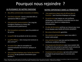 Pourquoi nous rejoindre ?
 Des offres commerciales innovantes et inédites.
 Une forte notoriété : bonne notoriété 64% en
spontané et 94% en assisté.*.
 Une puissante communication ( 1er rang des
enseignes d’optique au niveau des
investissements publicitaires)
 Des innovations constantes pour les produits et
les verres.
 La qualité de nos produits et de nos services.
 La griffe Afflelou : 1ère marque de montures la
plus connue**.
 Un savoir-faire dans la conception et
commercialisation de montures optiques et
solaires.
 1ère enseigne d’optique pour l’achat des lentilles
de contact et des produits d’entretiens pour
lentilles**.
 Une expérience depuis plus de 40 ans dans la
franchise : 1ere franchise d’optique en Europe.
 Un partenariat qui repose sur une confiance
réciproque, nous travaillons ensemble tout en vous
laissant votre liberté et indépendance
d’entrepreneur.
 Un plan de formation continue sur-mesure pour vous
et vos équipes avec ALAIN AFFLELOU ACADEMY.
 Des zones d’exclusivités garanties.
 Des solutions de financement pour vous aider à
mener votre projet.
 Une centrale d’achat qui vous permet d’obtenir les
meilleures conditions tarifaires.
 Une équipe pluridisciplinaire pour vous soutenir dès
le début de votre projet et pendant toute la durée de
votre aventure d’entrepreneur à nos côtés.
 L’assistance d’un animateur qui sera votre contact
privilégié et permanent pour le suivi de votre
magasin.
*Source : Étude Opinion Way réalisée auprès d’un échantillon de 1 030 français âgés de 18 ans et plus, porteurs de lunettes. Enquête réalisé en appliquant les procédures et règles de la norme ISO 20252.
** Source : Étude Arcane Research Lunettes de correction (5ème édition) : Panorama du marché - Aspirations des acheteurs – Performance des enseignes -
LA PUISSANCE DE NOTRE ENSEIGNE NOTRE EXPERIENCE DANS LA FRANCHISE
 