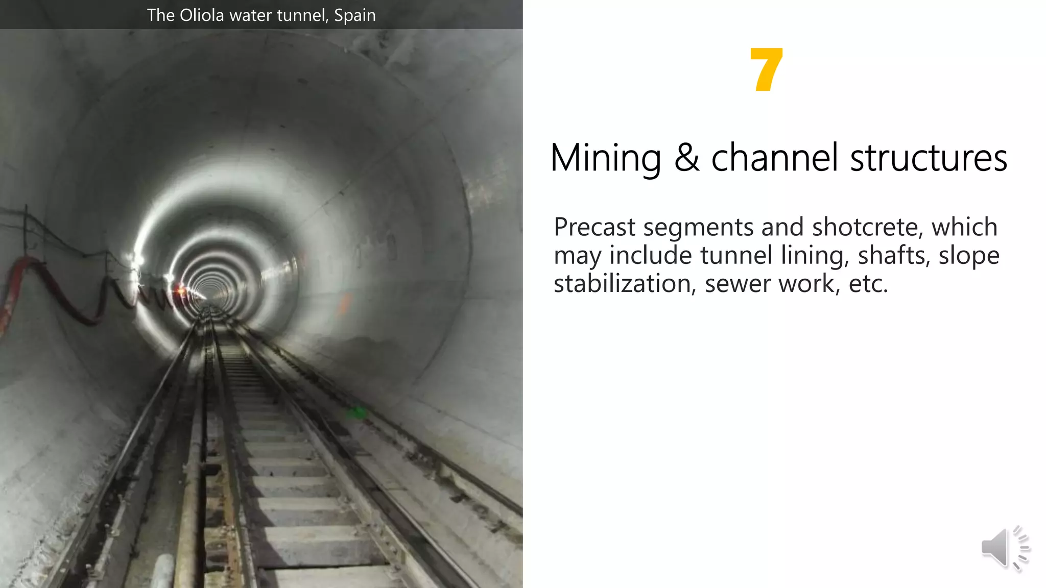 Precast segments and shotcrete, which
may include tunnel lining, shafts, slope
stabilization, sewer work, etc.
7
The Oliola water tunnel, Spain
 
