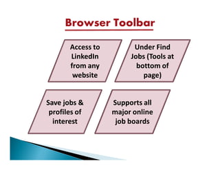 Browser Toolbar

       Access to         Under Find
       LinkedIn         Jobs (Tools at
       from any           bottom of
        website             page)


Save jobs &        Supports all
 profiles of       major online
  interest          job boards
 
