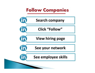 Search company

  Click “Follow”

 View hiring page

See your network

See employee skills
 