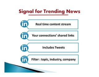 Real time content stream


Your connections’ shared links


        Includes Tweets


Filter : topic, industry, company
 