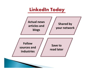 LinkedIn Today

     Actual news
                          Shared by
     articles and
                        your network
        blogs



   Follow
                     Save to
sources and
                    read later
 industries
 