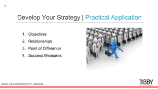 Develop Your Strategy | Practical Application
thedigitalinstitute.com.au
4
1. Objectives
2. Relationships
3. Point of Difference
4. Success Measures
GROW YOUR BUSINESS WITH LINKEDIN
 
