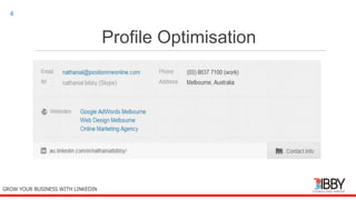 Profile Optimisation
thedigitalinstitute.com.au
4
GROW YOUR BUSINESS WITH LINKEDIN
 
