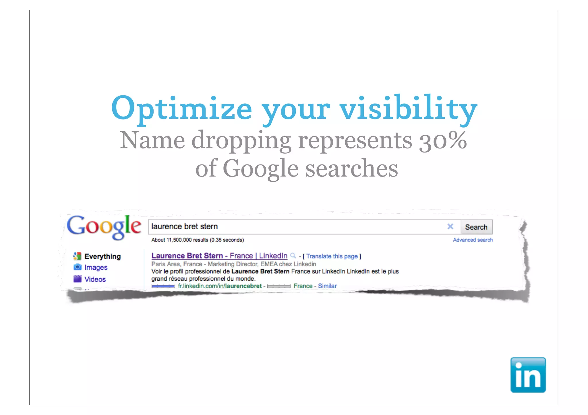 Optimize your visibility
Name dropping represents 30%
     of Google searches
 