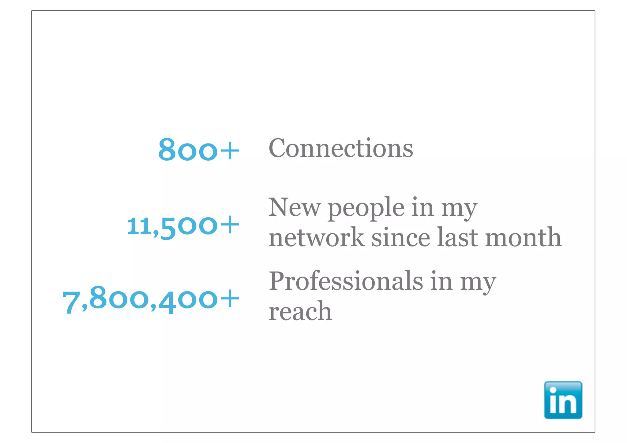 800+    Connections

             New people in my
   11,500+   network since last month
             Professionals in my
7,800,400+   reach
 