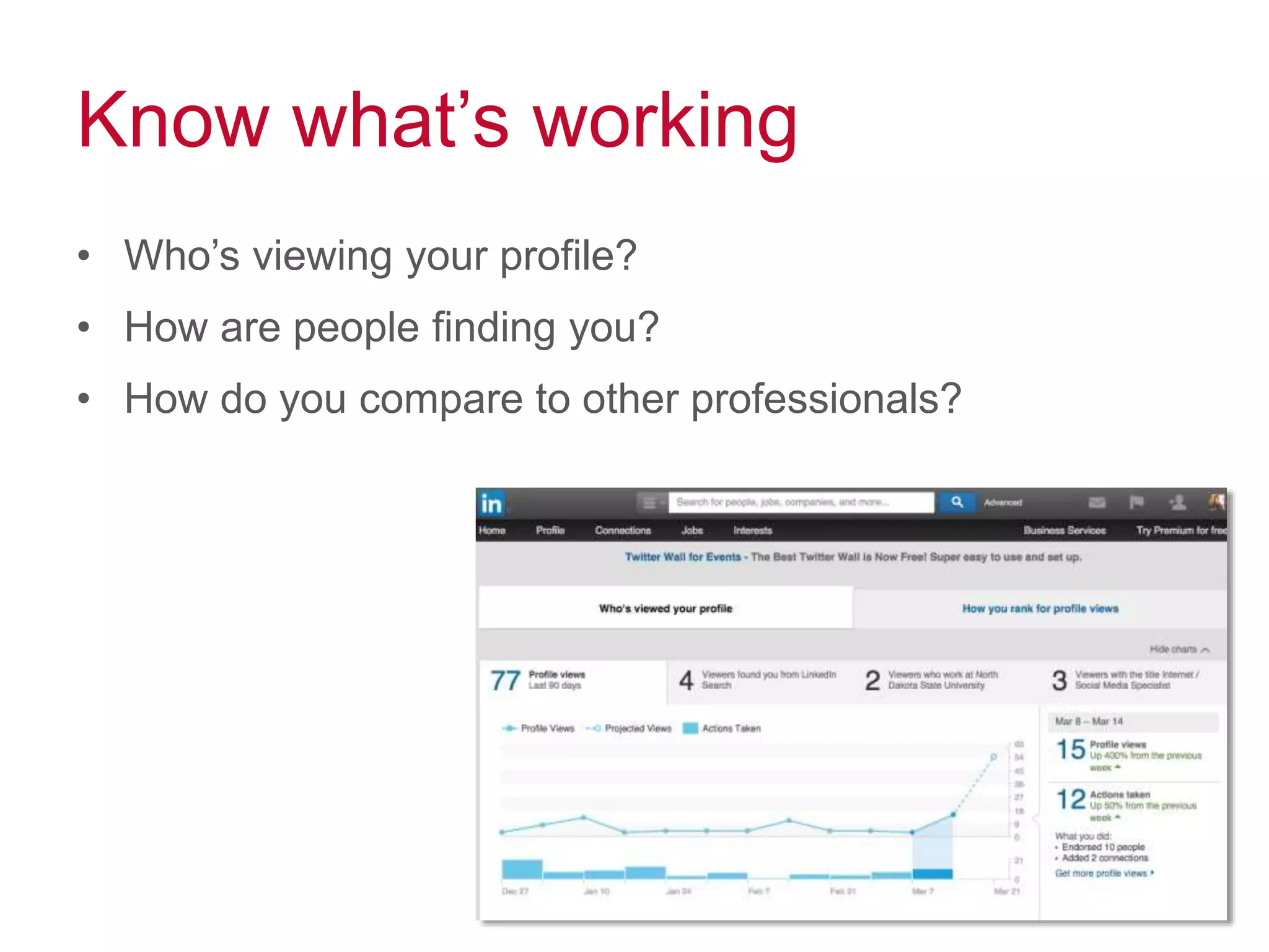 Know what’s working
• Who’s viewing your profile?
• How are people finding you?
• How do you compare to other professionals?
 