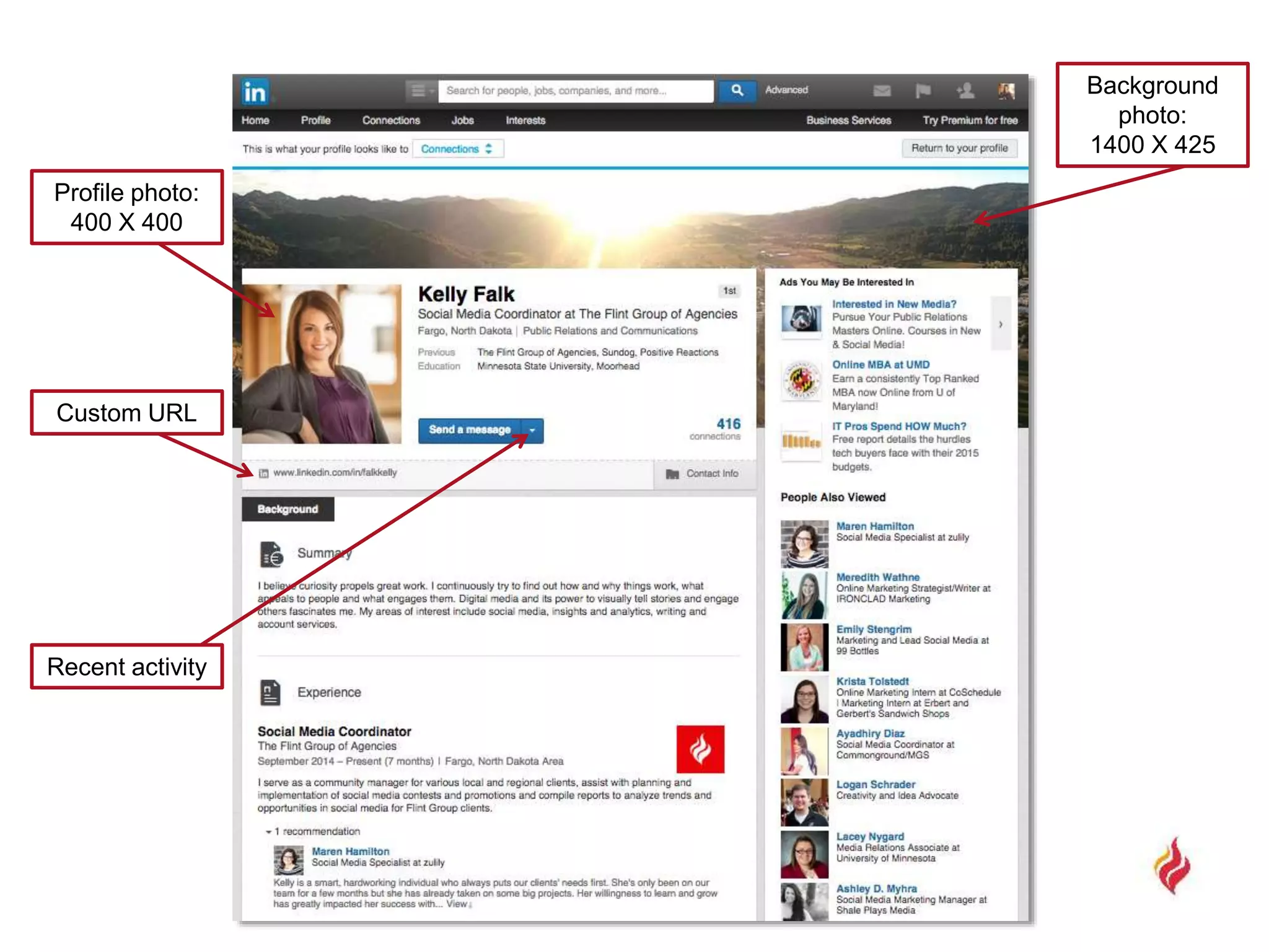 Profile photo:
400 X 400
Custom URL
Background
photo:
1400 X 425
Recent activity
 