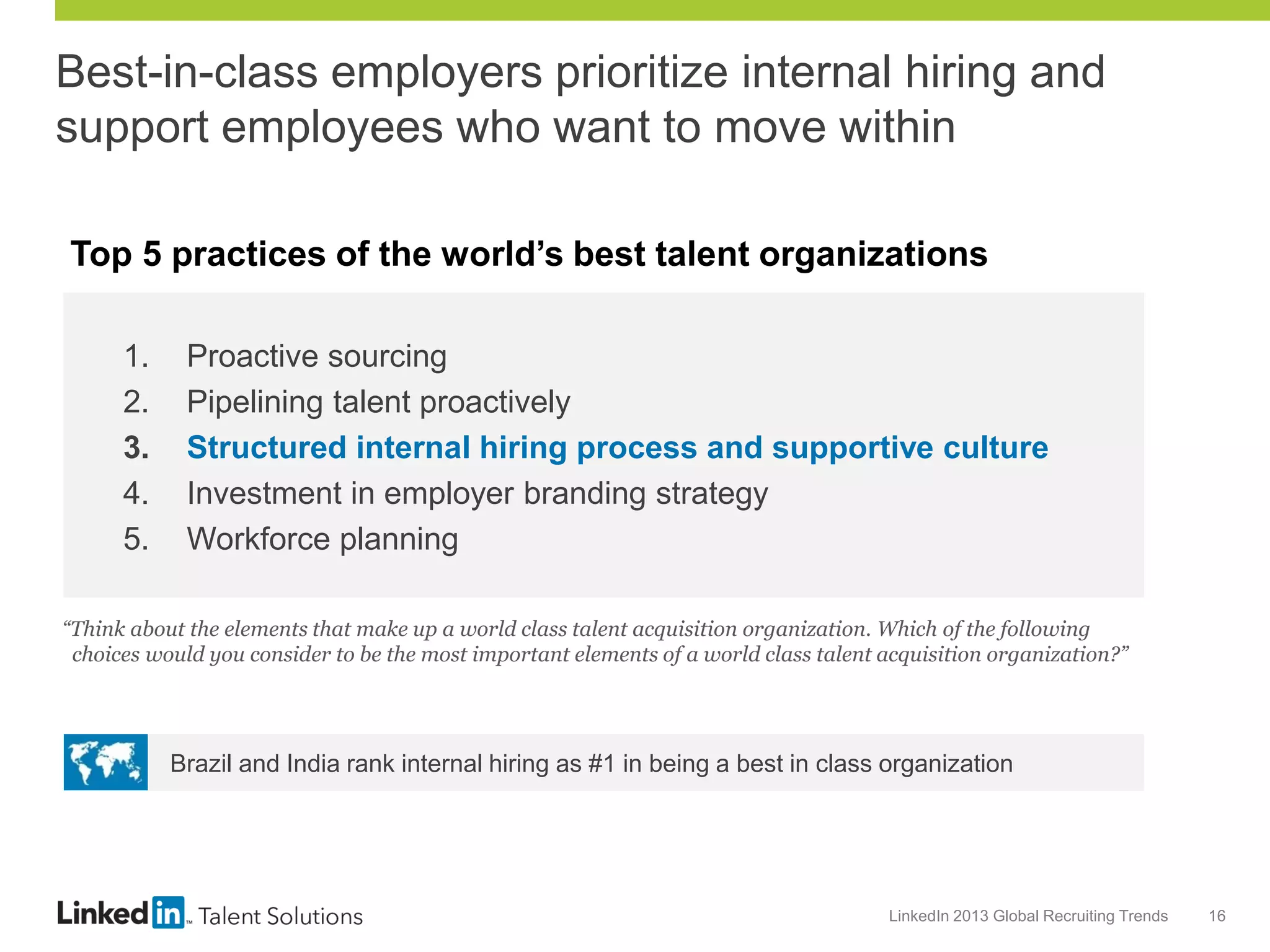 Best-in-class employers prioritize internal hiring and
support employees who want to move within
Top 5 practices of the world’s best talent organizations
1.
2.
3.
4.
5.

Proactive sourcing
Pipelining talent proactively
Structured internal hiring process and supportive culture
Investment in employer branding strategy
Workforce planning

“Think about the elements that make up a world class talent acquisition organization. Which of the following
choices would you consider to be the most important elements of a world class talent acquisition organization?”

Brazil and India rank internal hiring as #1 in being a best in class organization

LinkedIn 2013 Global Recruiting Trends

16

 