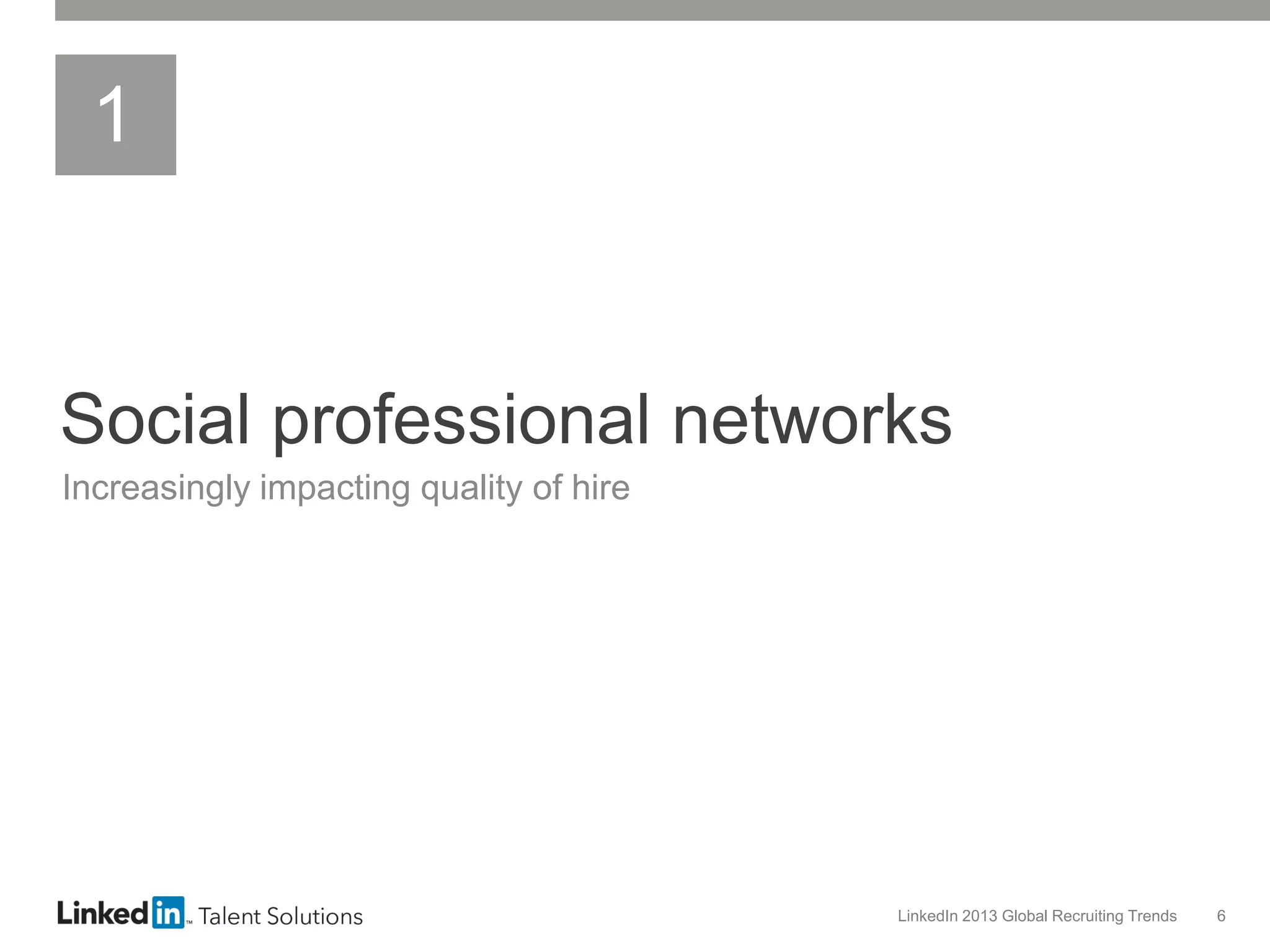 1

Social professional networks
Increasingly impacting quality of hire

LinkedIn 2013 Global Recruiting Trends

6

 