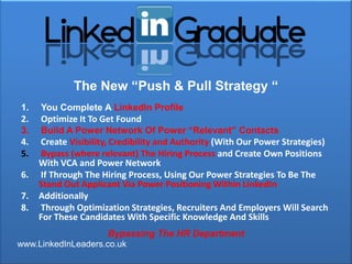The New “Push & Pull Strategy “
1.   You Complete A LinkedIn Profile
2.   Optimize It To Get Found
3.   Build A Power Network Of Power “Relevant” Contacts
4.   Create Visibility, Credibility and Authority (With Our Power Strategies)
5.   Bypass (where relevant) The Hiring Process and Create Own Positions
     With VCA and Power Network
6.   If Through The Hiring Process, Using Our Power Strategies To Be The
     Stand Out Applicant Via Power Positioning Within LinkedIn
7.   Additionally
8.   Through Optimization Strategies, Recruiters And Employers Will Search
     For These Candidates With Specific Knowledge And Skills
                      Bypassing The HR Department
www.LinkedInLeaders.co.uk
 