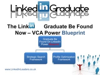 The Linked Graduate Be Found
   Now – VCA Power Blueprint
                              Graduate Be
                            Found On LinkedIn
                             Power Blueprint




                 Strategic Search      Profile Optimization
                    Framework              Framework


www.LinkedInLeaders.co.uk
 