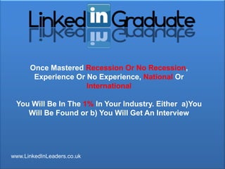 Once Mastered Recession Or No Recession,
       Experience Or No Experience, National Or
                     International

 You Will Be In The 1% In Your Industry. Either a)You
    Will Be Found or b) You Will Get An Interview




www.LinkedInLeaders.co.uk
 