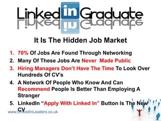It Is The Hidden Job Market
 1. 70% Of Jobs Are Found Through Networking
 2. Many Of These Jobs Are Never Made Public
 3. Hiring Managers Don‟t Have The Time To Look Over
    Hundreds Of CV‟s
 4. A Network Of People Who Know And Can
    Recommend People Is Better Than Employing A
    Stranger
 5. LinkedIn “Apply With Linked In” Button Is The New
    CV
www.LinkedInLeaders.co.uk
 