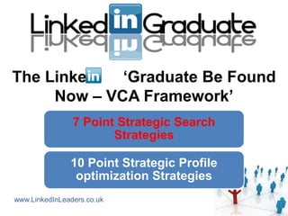 The Linked   „Graduate Be Found
     Now – VCA Framework‟
                7 Point Strategic Search
                       Strategies

               10 Point Strategic Profile
                optimization Strategies
www.LinkedInLeaders.co.uk
 