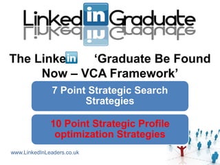 The Linked   „Graduate Be Found
     Now – VCA Framework‟
               7 Point Strategic Search
                      Strategies

              10 Point Strategic Profile
               optimization Strategies
www.LinkedInLeaders.co.uk
 