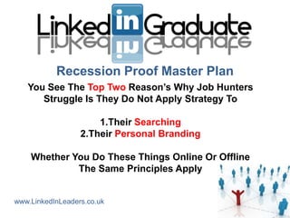 Recession Proof Master Plan
   You See The Top Two Reason‟s Why Job Hunters
      Struggle Is They Do Not Apply Strategy To

                      1.Their Searching
                  2.Their Personal Branding

    Whether You Do These Things Online Or Offline
             The Same Principles Apply


www.LinkedInLeaders.co.uk
 
