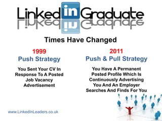 Times Have Changed
         1999                      2011
     Push Strategy          Push & Pull Strategy
    You Sent Your CV In       You Have A Permanent
   Response To A Posted       Posted Profile Which Is
       Job Vacancy           Continuously Advertising
      Advertisement            You And An Employer
                            Searches And Finds For You



www.LinkedInLeaders.co.uk
 