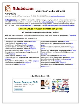 Employment Media and Jobs
Advertising
Sastha.com, Inc., 131 Hall Place, Grosse Pointe, MI 48236. Tel: 313-882-3776 email: sasthacom@comcast.net
NicheJobs.com, since 1999 has been providing Job Advertising and Employment Media services to small businesses,
fortune 500 corporations , labs and universities worldwide. Our network of job sites are available by functional niche or
geographic regions and rates are one of the most competitive to reach your niche audience using Job Postings, Banner
Ads, Text Links. Contact: Suresh Raghavan Ph.D Founder/CEO. Executive Summary of our Advertising Services
Linkedin Groups (140,000+ members, 25+ groups)
We are growing at a rate of 10,000 members a month
NicheJobs.com - Engineering, Science, Manufacturing, Industrial, Sales, Health, Media - 71,000 members – join group
Note: members shown in paranthesis as of September 2013
ChemistryJobs.com chemistry, chemical join group
PhysicsJobs.com physics join group
FacultyJob.com teaching, education join group
InspectionJob.com inspection, quality join group
ElectricianJob.com electrician, electrical join group
AirConditioningJobs.com hvac join group
SociologyJob.com sociology, psychology, behavioral
health join group
LeatherJobs.com leather join group
PhysiotherapyJob.com physiotherapy, physical therapy
join group
HistoryJobs.com history, liberal arts, politics join group
GeneticsJobs.com genetics, bio join group
ForestJob.com forestry join group
WeldingJobs.com welding, welders join group
MaterialsJobs.com metallurgy, polymer science join
group
ElectronicsJob.com electronics, instrumentation join
group
MathJob.com mathematics, computer science join group
MechanicJob.com mechanic, millwright, journeyman
join group
RoboticsJobs.com robotics, ai join group
MeteorologyJob.com meteorology, weather join group
JournalismJob.com journalism, media join group
TextileJob.com textile join group
MineJobs.com mining, mines join group
ManufacturingJob.com manufacturing, industrial join
group
Our Clients Since 1999
 