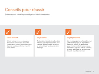 Soyez avenant 
Utilisez votre premier message pour 
démarrer la conversation et susciter 
l’intérêt. Votre objectif est d’obtenir une 
réponse, pas de conclure un marché 
sur le champ. 
Soyez concis 
Restez clair et allez droit au but. Vous 
n’avez que quelques secondes pour 
capturer l’attention de la personne 
et communiquer la valeur de votre 
message. 
Soyez personnel 
Les messages personnalisés obtiennent 
un taux de réponse 50 % plus élevé. 
Examinez le profil de la personne 
pour mentionner toute personne ou 
expérience que vous avez en commun, 
et soyez spécifique sur la raison pour 
laquelle vous êtes intéressé. 
linkedin.com | 19 
Conseils pour réussir 
Suivez ces trois conseils pour rédiger un InMail convaincant. 
✓ ✓ ✓ 
 
