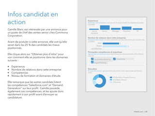Expérience 
Actualisez votre profil pour vous assurer d’y inclure toutes vos expériences profes-sionnelles. 
Infos candidat en 
action 
Camille Blanc est intéressée par une annonce pour 
un poste de chef des ventes senior chez Commona 
Corporation. 
Avant de postuler à cette annonce, elle voit qu’elle 
serait dans les 25 % des candidats les mieux 
positionnés. 
Elle clique alors sur “Obtenez plus d’infos” pour 
voir comment elle se positionne dans les domaines 
suivants : 
• Expérience 
• Nombre de relations dans cette entreprise 
• Compétences 
• Niveau de formation et domaines d’étude 
Elle remarque que les autres candidats listent 
les compétences “Salesforce.com” et “Demand 
Generation” sur leur profil. Camille possède 
également ces compétences, et les ajoute donc 
rapidement à son profil avant d’envoyer sa 
candidature. 
linkedin.com | 22 
Jeune 
diplômé 
Senior Manager Directeur VP 
Nombre de relations dans cette entreprise 
Élargissez votre réseau en vous connectant avec des personnes que vous pourriez 
connaître. 
Vous 
Autres 
candidatures 
3 
5 
Principales compétences et expertises 
Ajoutez des compétences pour mettre toutes les chances de votre côté d’obtenir 
ce poste. 
✓ Social Media Marketing 
✓ Digital Marketing 
✓ Copywriting 
Education 
Trouvez des anciens qui pourraient vous mener à des opportunités profession-nelles. 
67% Bachelor’s Degree (Licence) 
21% Master (Master) 
12% Autres 
 