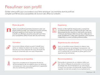 Peaufiner son profil 
Garder votre profil à jour vous aidera à vous faire remarquer. Les membres dont le profil est 
complet sont 40 fois plus susceptibles de recevoir des offres sur LinkedIn. 
Photo de profil 
Faites une excellente première impression avec une 
photo professionnelle. Les meilleures sont les portraits 
de haute qualité sur fond neutre. Les membres 
LinkedIn qui affichent une photo de profil sont 7 fois 
plus susceptibles d’être trouvés dans les recherches. 
Formation 
Les anciens élèves utilisent souvent LinkedIn pour 
entrer en relation et obtenir de nouveaux contacts. 
Assurez-vous donc d’ajouter les noms de toutes les 
écoles et universités que vous avez fréquentées. 
Compétences et expertise 
L’ajout de compétences et d’expertise facilite les 
recommandations de vos relations pour vos atouts et 
connaissances. Cela vous aide également à apparaître 
dans les recherches pertinentes. 
Expérience 
Incluez un descriptif de chaque poste, y compris les 
accomplissements dont vous êtes le plus fier. Lister vos 
deux postes les plus récents sur votre profil vous donne 
12 fois plus de chances d’être trouvé. Vous n’êtes pas en 
poste actuellement ? Listez votre volontariat, votre travail en 
indépendant ou autres activités professionnelles. 
Expériences de volontariat 
Voici un excellent moyen d’entrer en relation avec 
d’autres personnes qui partagent vos passions. Les 
recherches de LinkedIn ont révélé qu’1 hiring manager 
sur 5 a embauché un candidat en partie grâce à son 
expérience de volontariat. 
Recommandations 
Demandez à certaines de vos relations telles que 
des clients, collègues et partenaires commerciaux 
de rédiger des recommandations sur votre travail. 
Lorsque vous envoyez une demande, essayez de leur 
rappeler vos derniers projets et accomplissements. 
linkedin.com | 27 
 