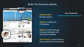 Build Your Business Identity 
Discoverable 
through search 
Attract a unique set 
of followers 
Deliver content through 
C...