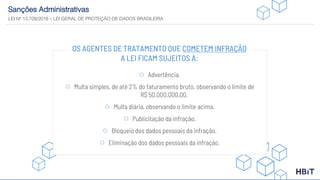 Sanções Administrativas
LEI Nº 13.709/2018 – LEI GERAL DE PROTEÇÃO DE DADOS BRASILEIRA
OS AGENTES DE TRATAMENTO QUE COMETEM INFRAÇÃO
A LEI FICAM SUJEITOS À:
Advertência.
Multa simples, de até 2% do faturamento bruto, observando o limite de
R$ 50.000.000,00.
Multa diária, observando o limite acima.
Publicitação da infração.
Bloqueio dos dados pessoais da infração.
Eliminação dos dados pessoais da infração.
 